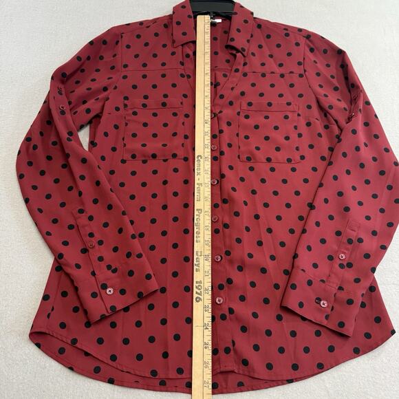 Express Portofino Women M Slim Deep Red Polka Dot Button Up Collared Business - Picture 3 of 8